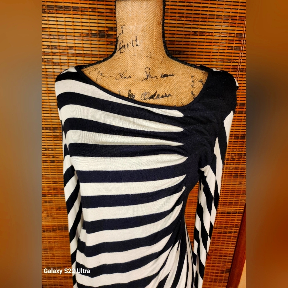 ECI Black and White Asymmetrical Ruched Blouse
